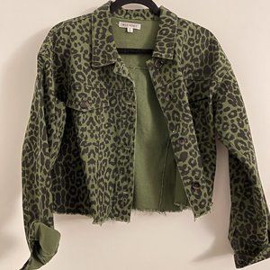 Wild Honey Cropped Green Leopard Jean Jacket